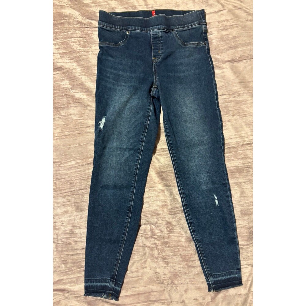SPANX Distressed Ankle Skinny Jeans in a medium wash denim